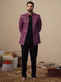 KALPRAAG - Sitara Wine Jodhpuri Jacket with Shirt and Trouser