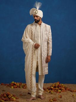 KALPRAAG - Badshah Zardozi Cream Sherwani With Kurta, Churidar, Dupatta And Turban