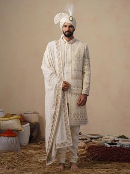 KALPRAAG - Mirza Zardozi Cream Sherwani With Kurta, Churidar, Dupatta And Turban