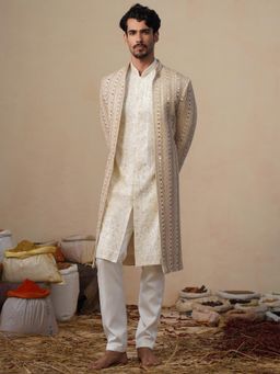 KALPRAAG - Sheesha Cut dana Beige Sherwani With Kurta And Pant
