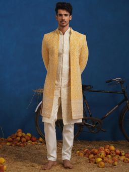 KALPRAAG - Yellow Tejasvi Cut dana Haldi Sherwani With Kurta And Pant