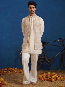 KALPRAAG - Anvith Mirror Beige Short Kurta With Nehru Jacket And Pant