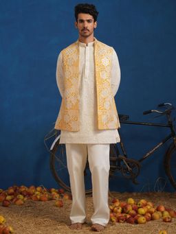 KALPRAAG - Yellow Chitray Haldi Short Kurta With Nehru Jacket And Pant