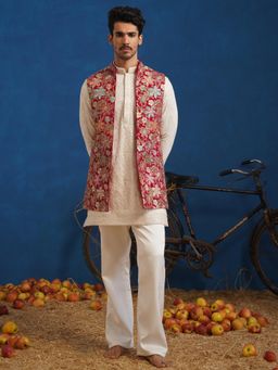 KALPRAAG - Devish Hot Pink Short Kurta With Nehru Jacket And Pant