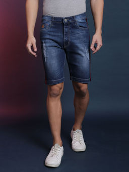 Campus Sutra - Men Side Striped & Torn Stylish Denim Shorts