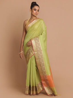 Indethnic - Banarasi Green Checked Daily Wear Saree With Unstitched Blouse
