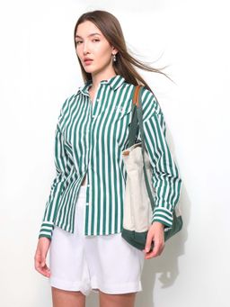 U.S. POLO ASSN. - Green and White Vertical Striped Oversized Fit Shirt