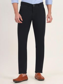 Greenfibre - Slim Fit Solid Navy Blue Cotton Stretch Casual Trouser