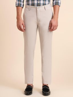 JadeBlue - Slim Fit Solid Beige Cotton Stretch Casual Trouser