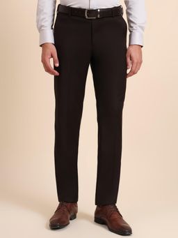 Metal - Slim Fit Solid Coffee Brown Terry Rayon Formal Trouser