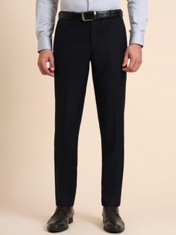 Metal - Slim Fit Solid Navy Blue Terry Rayon Formal Trouser