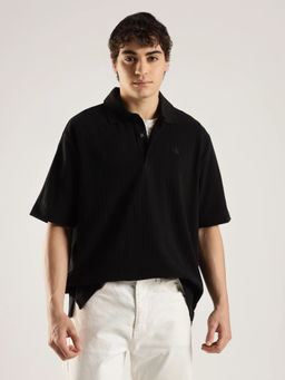 Calvin Klein - Self Design Relaxed Fit Cotton Black Polo T-shirt
