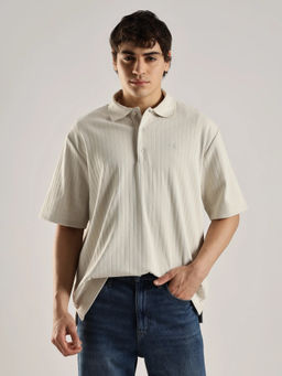 Calvin Klein - Self Design Relaxed Fit Cotton Off White Polo T-shirt