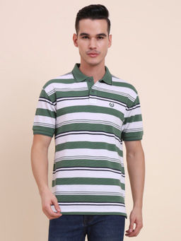 Greenfibre - Green & Whitefibre Green & White Striped Slim Fit Polo T-shirt