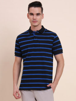 Greenfibre - Black And Royal Blue Striped Regular Fit Polo T-shirt