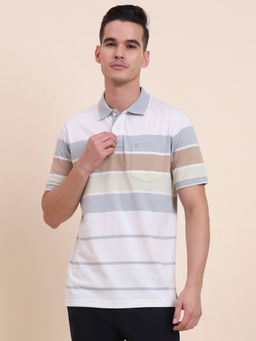 Greenfibre - Striped White & Light Grey Regular Fit Polo T-shirt