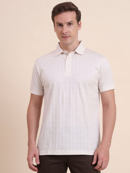 JadeBlue - White Self Design Regular Fit Polo T-shirt