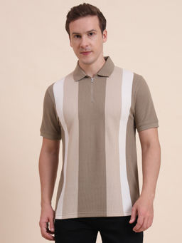 JadeBlue - Beige And White Colorblock Polo T-shirt