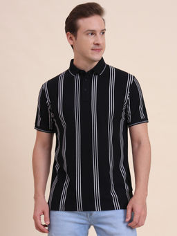 JadeBlue - Black Striped Slim Fit Polo T-Shirt