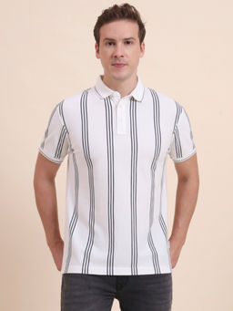JadeBlue - White Striped Slim Fit Polo T-Shirt