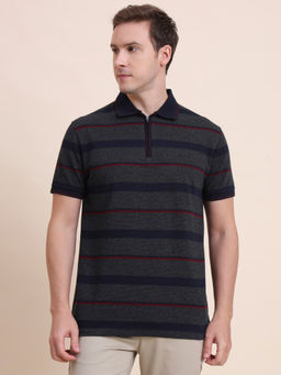 JadeBlue - Dark Grey And Navy Blue Striped Slim Fit Polo T-shirt