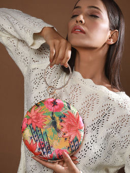 Aatmana - Sequined Printed Lotus Motif Round Clutch
