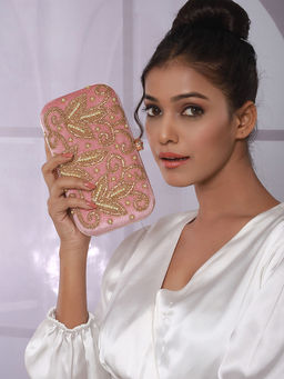 Aatmana - Pink & Gold-Toned Embroidered Purse Clutch