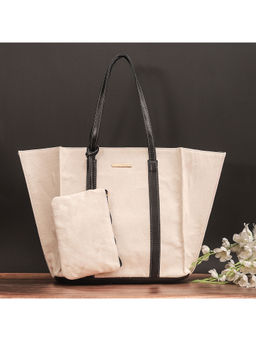 Bagsy Malone - Beige Canvas Handcrafted Women's Tote Bag and Handbag Pouch Set Of 2