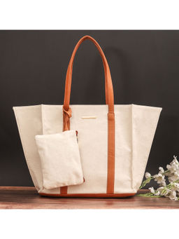Bagsy Malone - Beige Canvas Handcrafted Women's Tote Bag and Handbag Pouch Set Of 2