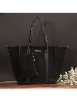 Bagsy Malone - Black Canvas Handcrafted Women's Tote Bag and Handbag Pouch Set Of 2