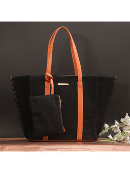 Bagsy Malone - Black Canvas Handcrafted Women's Tote Bag and Handbag Pouch Set Of 2