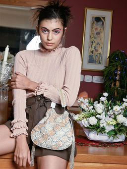 Odette - Women Pretty Peach And White Sequence Potli Bag