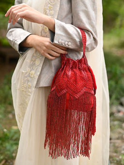 Odette - Women Red Beaded Potli Bag With Tassels