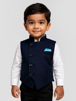 JBN Creation - Boys Navy Blue Solid Cotton Blend Nehru Jacket