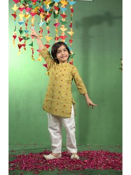 PUDDLE FASHION - Mustard Floral Printed Boys Cotton Kurta with Pant