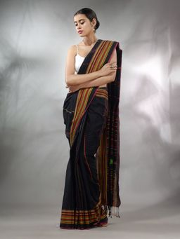 CHARUKRITI - Black Cotton Handspun Handwoven Saree with Stripes Pattern & Unstitched Blouse