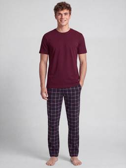 R&B - Maroon Checked Pure Cotton Mid Rise Lounge Pant
