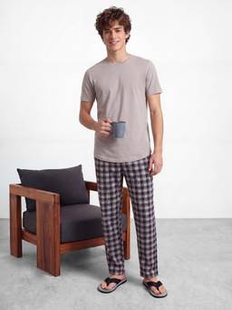 R&B - Navy Blue Checked Pure Cotton Mid Rise Lounge Pant