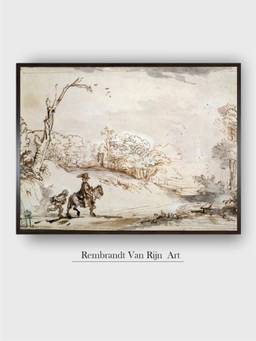 The Art House - Rembrandt Landscape Horse Framed Multi-Color Wall Art Painting