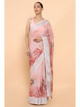 Soch - Women Brown Linen Floral Saree with Unstitched Blouse