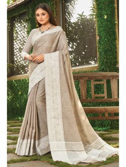 Sangam Prints - Beige Linen Woven Zari Work Traditional Tassel Saree with Unstitched Blouse