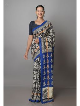 Unnati Silks - Black & Cream Pure Preet Bagru Chanderi Sico Saree with Unstitched Blouse