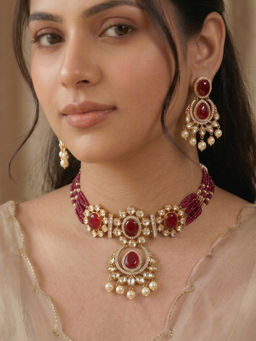 Shop Naymee - Regal Ruby Polki and Kundan Choker and Earrings Set