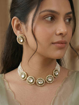 Shop Naymee - Modern Emerald Polki and Pearls Choker and Earrings Set