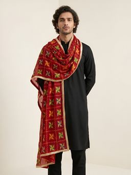 MUFFLY - Red Premium Chinon Phulkari Embroidered Dupatta