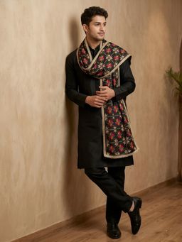 MUFFLY - Premium Chinon Phulkari Embroidered Black Dupatta