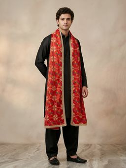 MUFFLY - Premium Chinon Phulkari Embroidered Red Dupatta