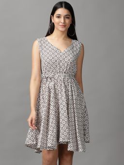 SHOWOFF - Womens V-Neck Knee Length Brown Printed Dress (Set of 2)