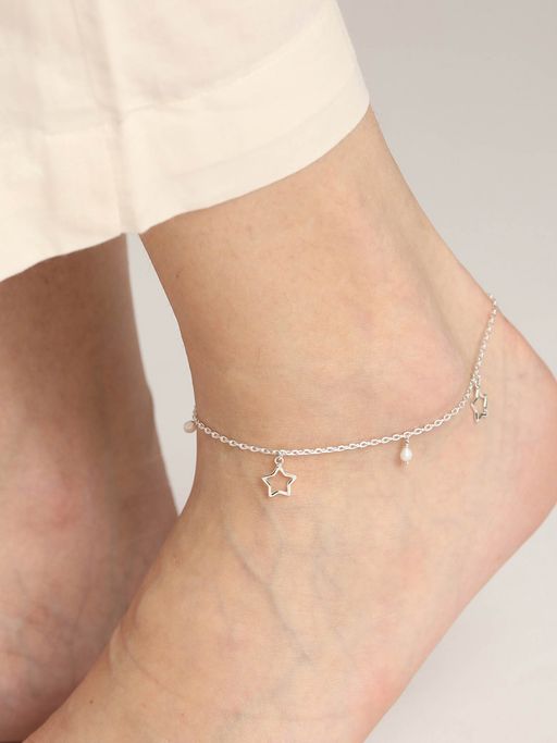 CLARA 925 Silver Star and Pearl Adjustable Chain Anklet Payal single for Women and Girls