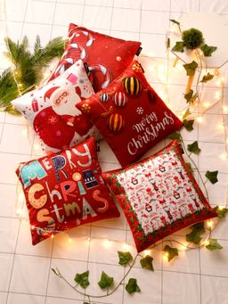 HOSTA HOMES - Red and White Self Design Velvet Square Cushion Covers (Pack of 5) (16 x 16 Inches)